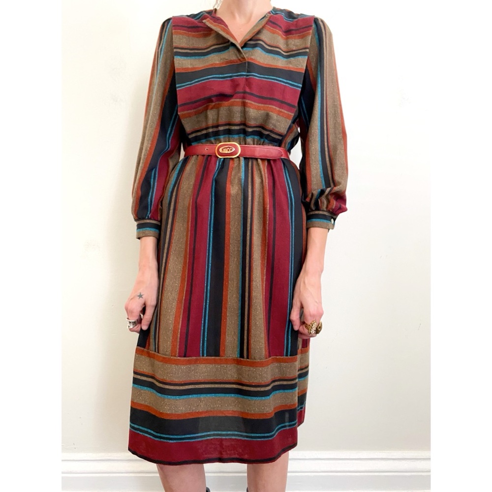 Vintage Multicolor Striped Midi Dress in Burgundy, Teal, Gold, Brown